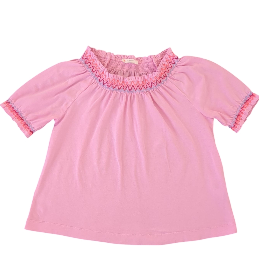 J Crew Girls Pink Embroidered Smocked Neck Top (Size S)